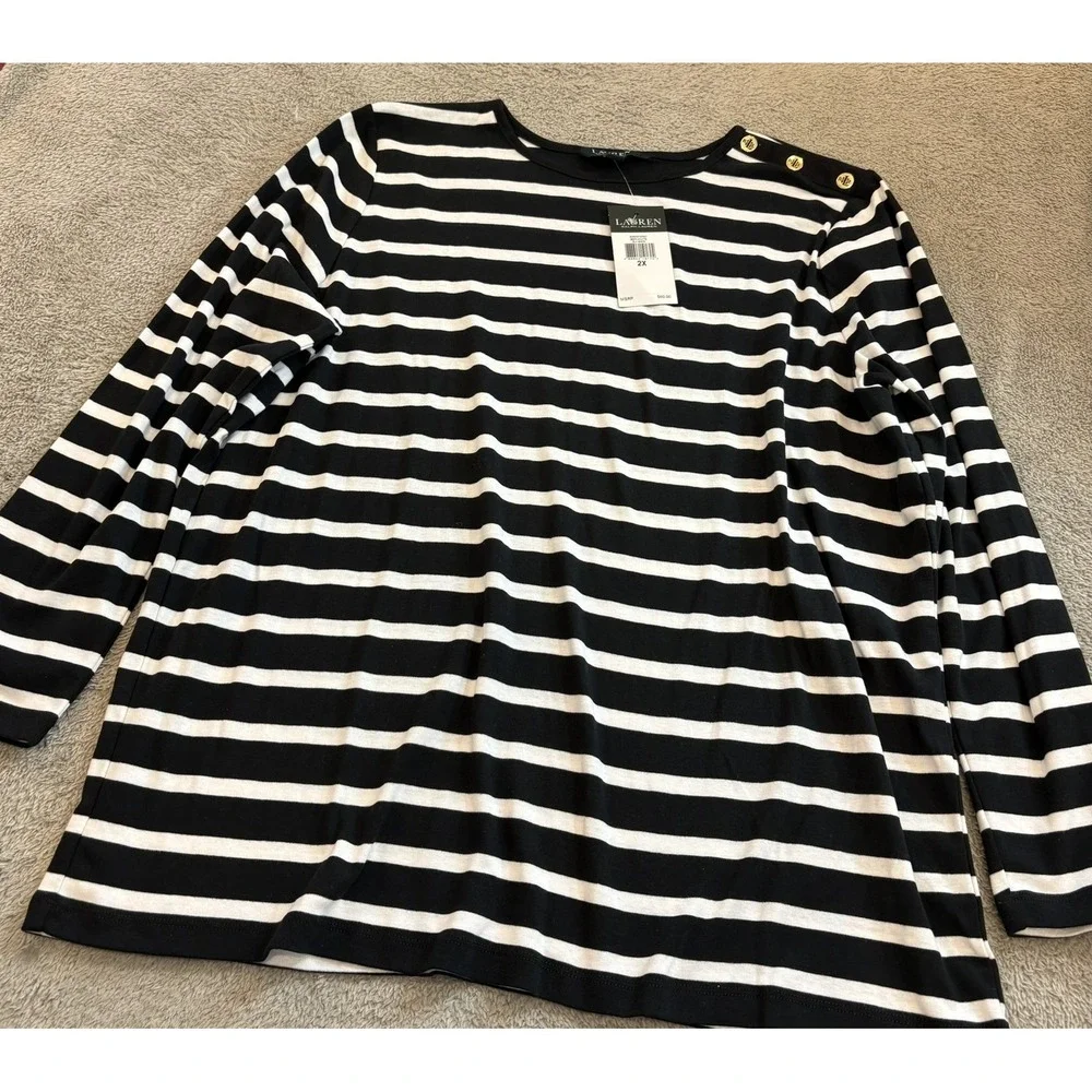 NWT Lauren Ralph Lauren Black White Striped Gold Button Shoulder Top 2X Nautical - Picture 10 of 10